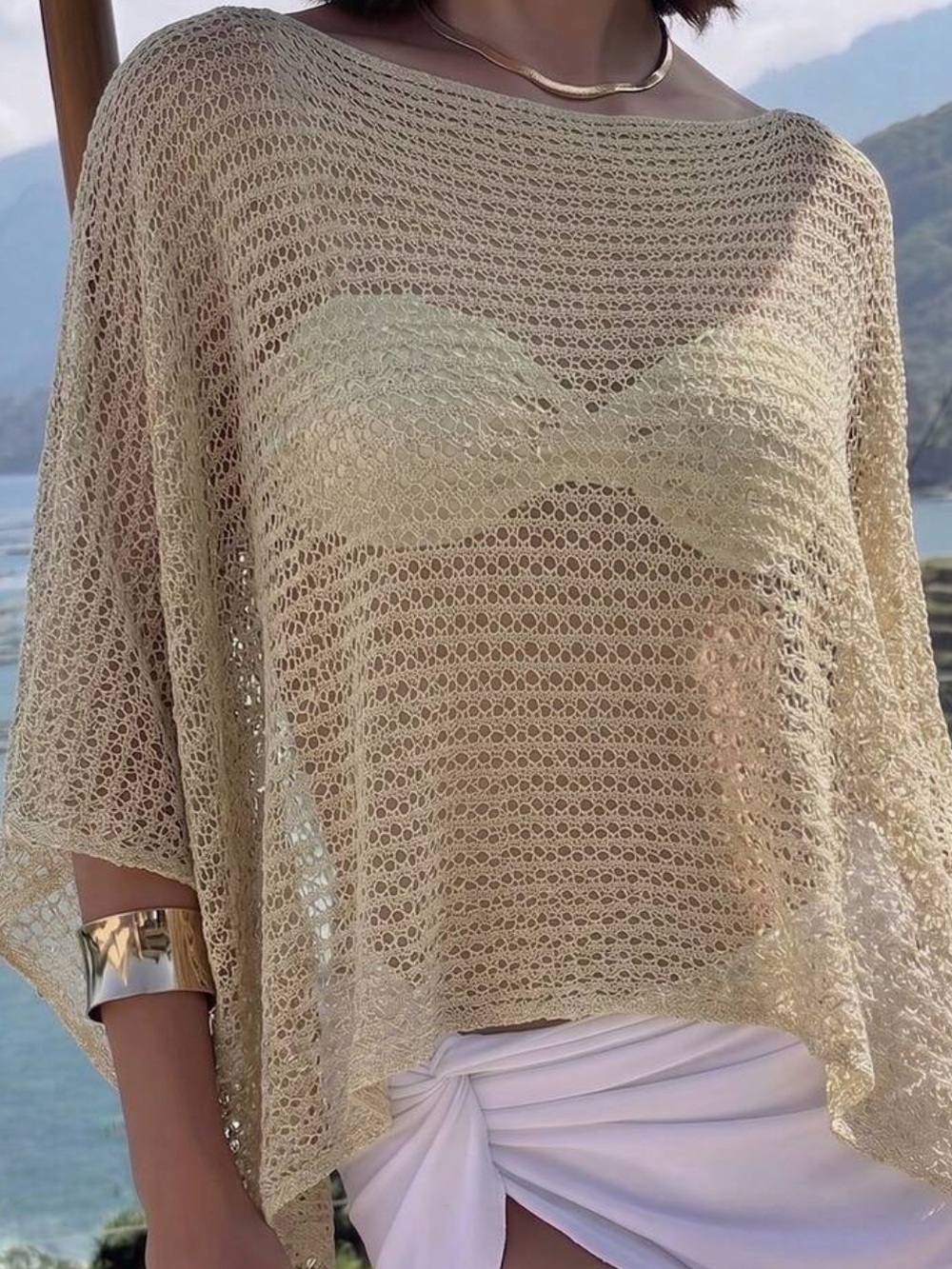 Gold Crochet Swim Cover-Up Poncho Top